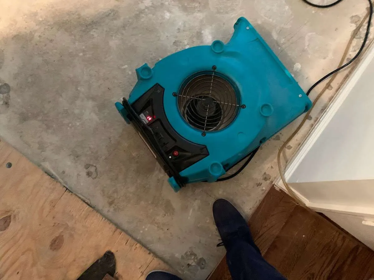 Air mover drying subfloor during Commercial Water Damage Restoration in Tulare